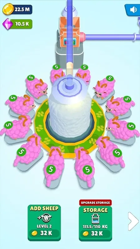 Gameplay screenshot of Idle Sheep Factory highlighting the wool processing machines.