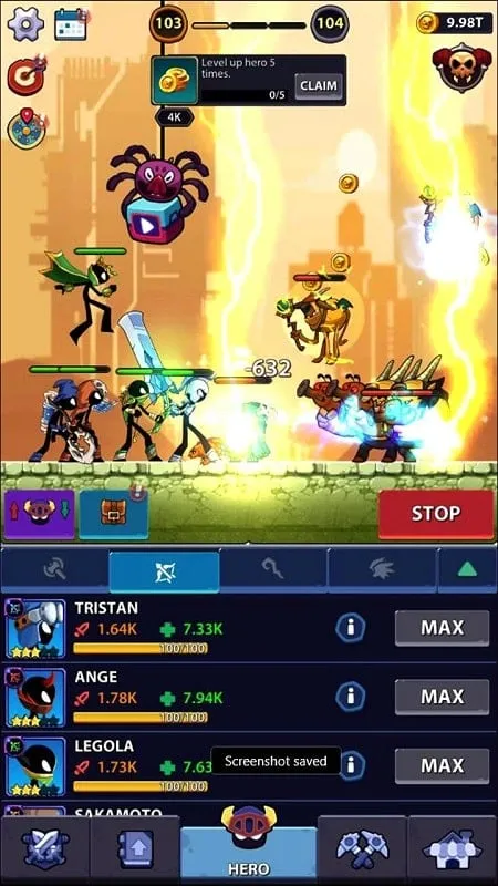 Hình ảnh giao diện game Idle Stickman Heroes Mod APK với tướng và kỹ năng đã được nâng cấp.