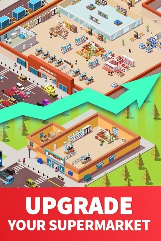 Hình ảnh gameplay Idle Supermarket Tycoon với các quầy hàng sản phẩm đa dạng.