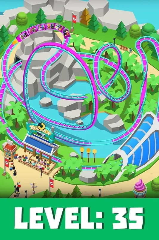 Screenshot of the game displaying various attractions and park decorations.