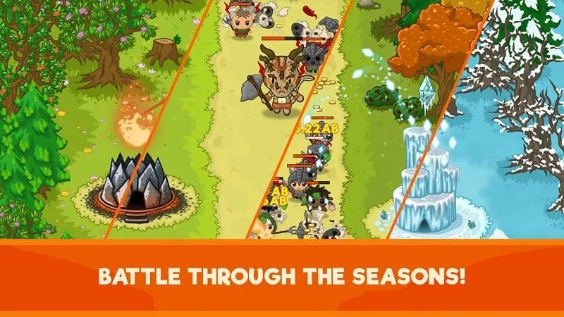 Gameplay screenshot of Idle Tower Kingdom showcasing upgraded towers and abilities enabled by the MOD.