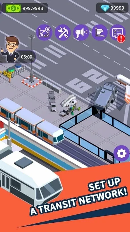 In-game view of Idle Traffic Tycoon showcasing various vehicles and buildings.