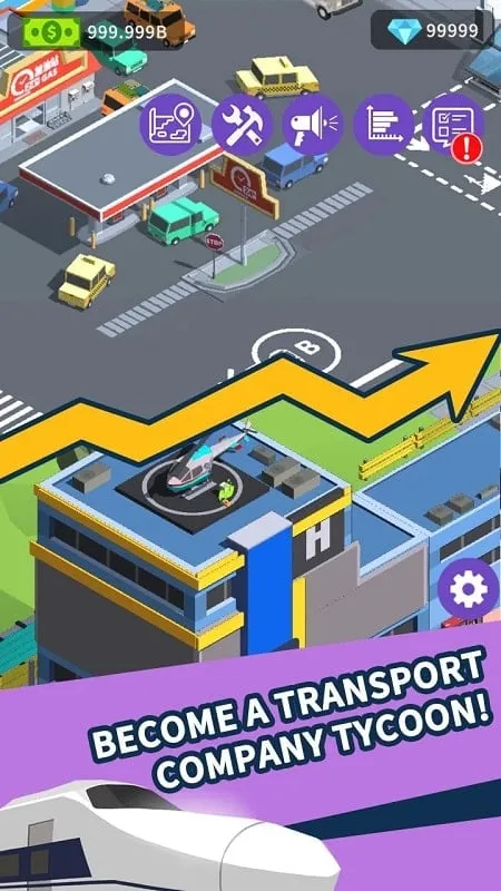 Screenshot of the Idle Traffic Tycoon game highlighting the city expansion and building options.