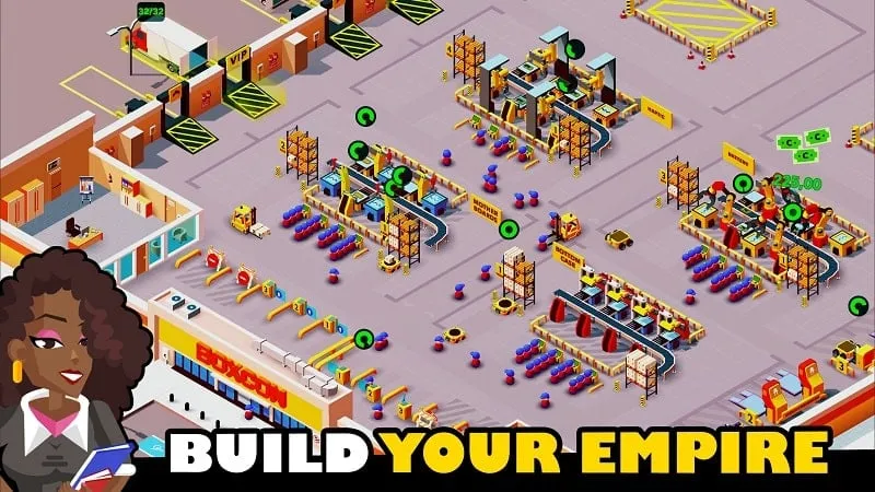 Idle Tycoon Smartphone Inc. gameplay showcasing the factory floor.