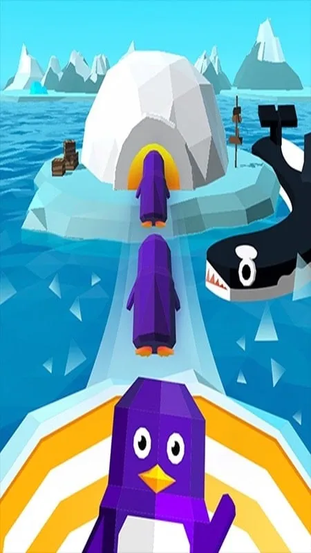 Penguin diluncurkan menuju igloo dalam gameplay Igloo Rush.