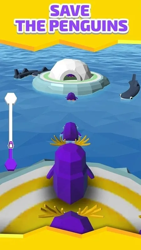 Gameplay screenshot of Igloo Rush showing penguins being threatened by a leopard seal.