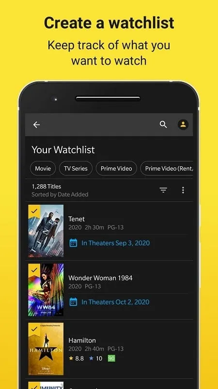 IMDb mod interface displaying a list of movies
