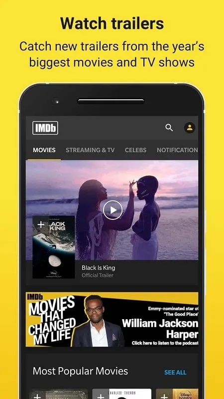 IMDb mod interface showcasing a movie trailer