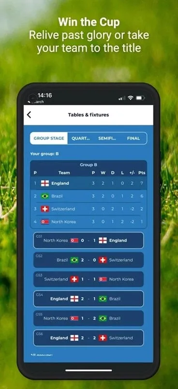 Captura de tela do jogo International Football Manager exibindo uma partida em andamento.