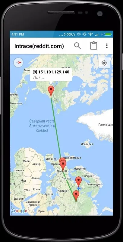 Interfaz del mod Intrace Visual Traceroute mostrando funciones premium