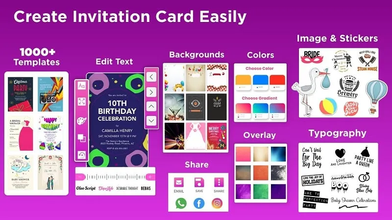 Invitation Card Maker mod interface showing premium features