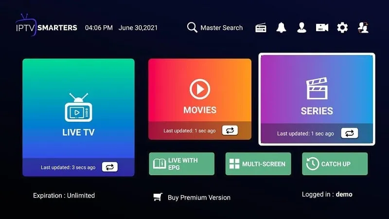 IPTV Smarters Pro mod interface showing premium features