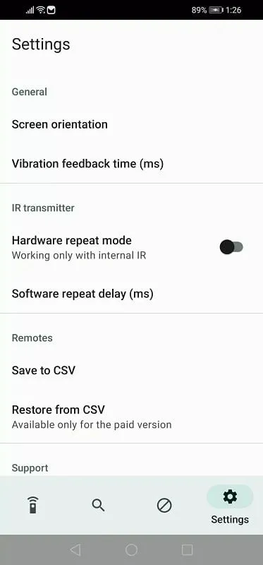 IrCode app settings customization options