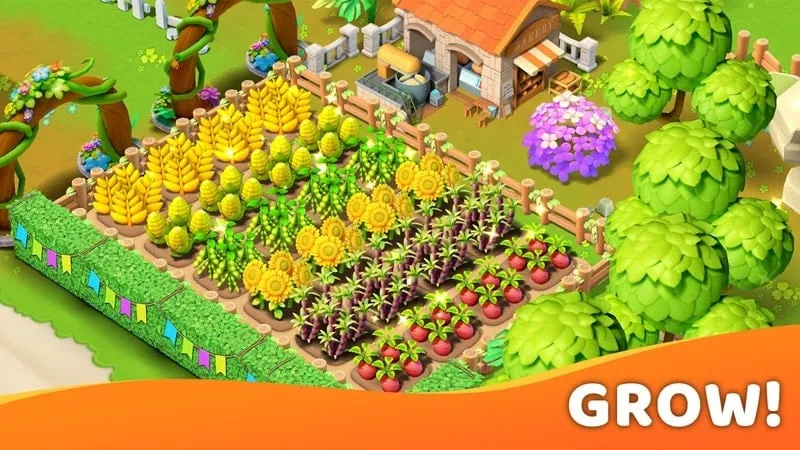 Tangkapan layar Island Farm Adventure yang menampilkan mata uang dalam game dan tingkat energi, keduanya menunjukkan jumlah tak terbatas karena mod.