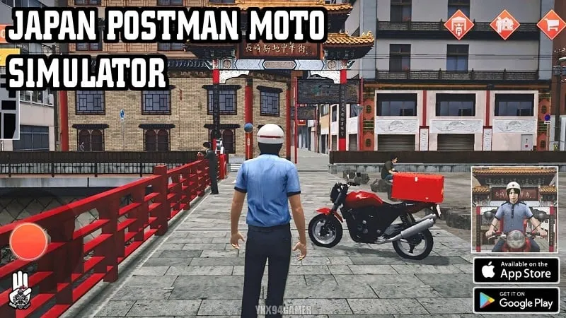 A screenshot from the Japan Postman Moto Simulator game showing the player riding a motorcycle through a city street.