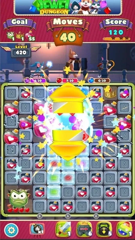 A screenshot showcasing the variety of gems and special effects in Jewel Dungeon.