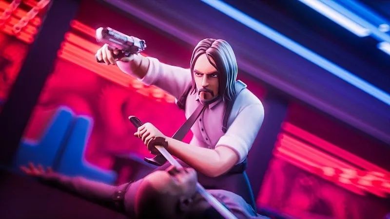 John Wick de John Hero apuntando con un arma a un enemigo.