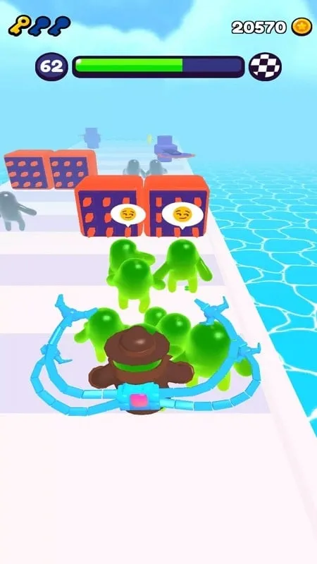A large red blob leading a group of smaller blobs.