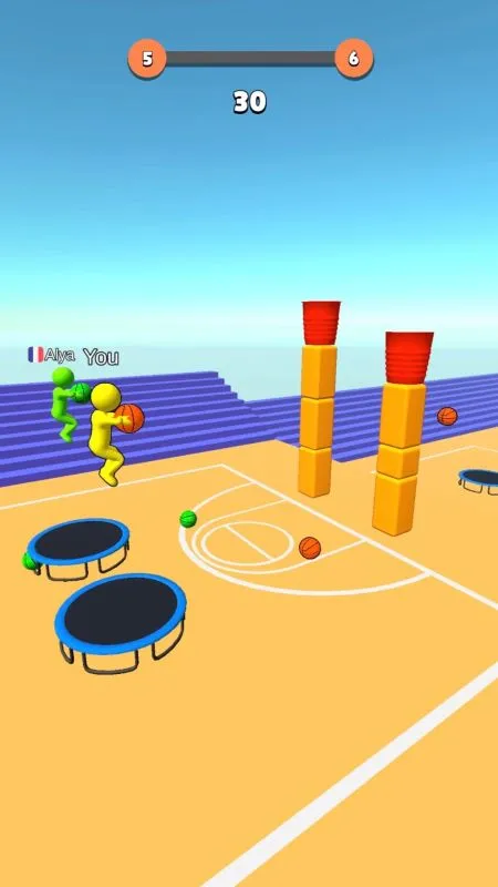 Um close de um smartphone exibindo o jogo Jump Dunk 3D com um menu mod sobreposto na tela.