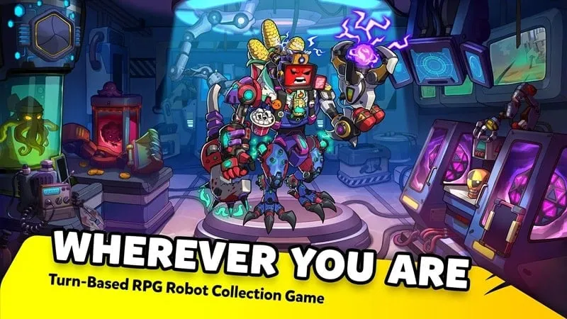 Tampilan gameplay Junkineering MOD APK dengan robot dan efek pertarungan.