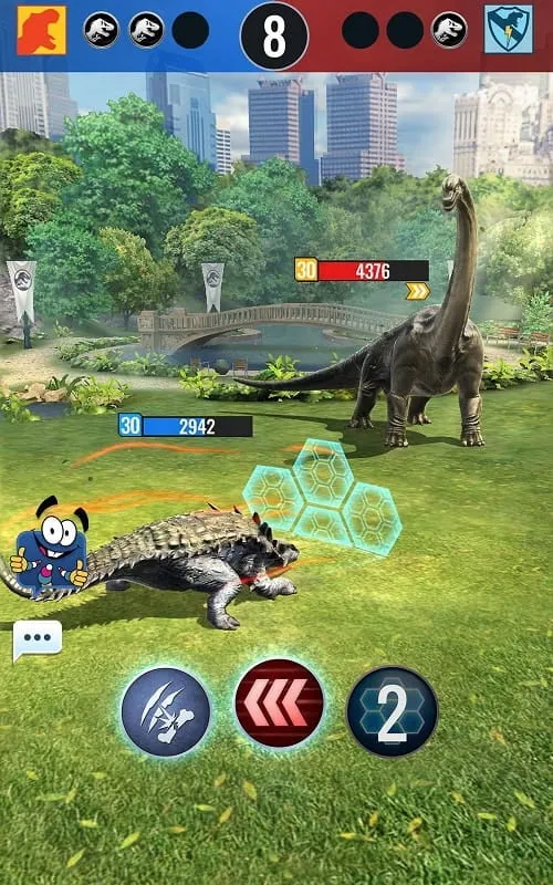 Screenshot do jogo mostrando o menu MOD no Jurassic World Alive.