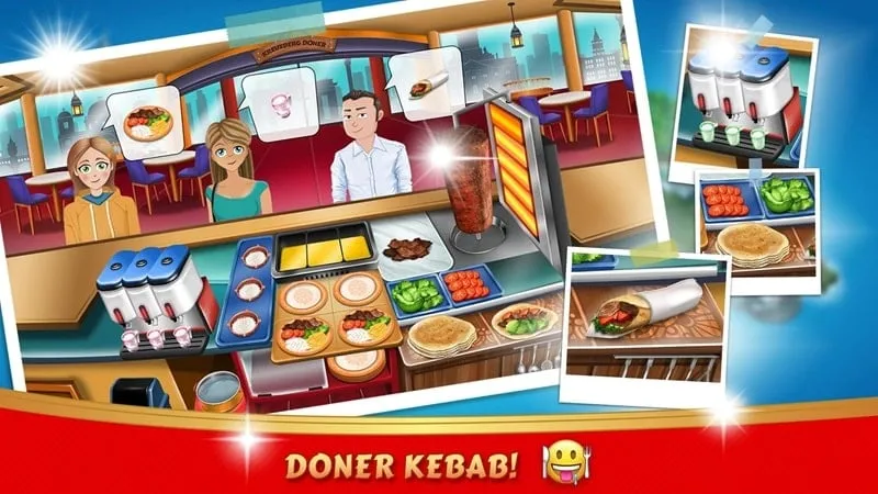 Captura de pantalla de Kebab World mostrando mejoras de la cocina.