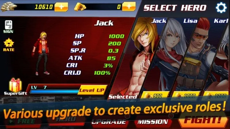 Character selection screen in King of Fighting.