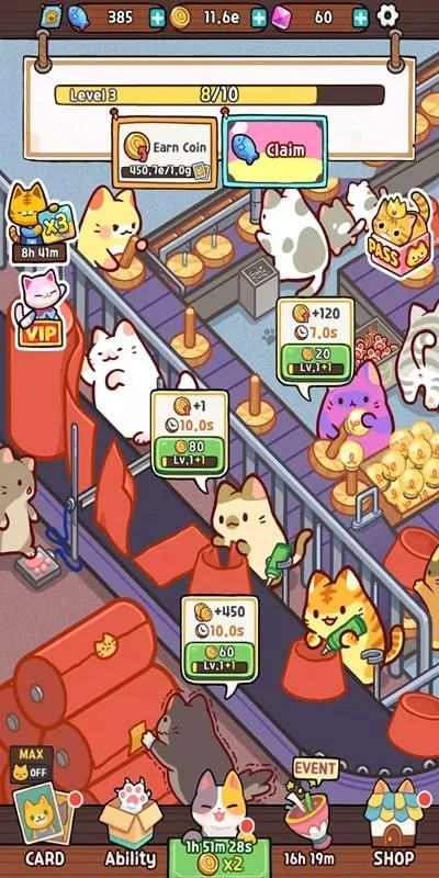 Desbloqueando nuevas funciones en Kitty Cat Tycoon con el mod de dinero infinito.