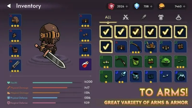 Menu dalam game Knight's Rampage yang menampilkan opsi peralatan karakter.