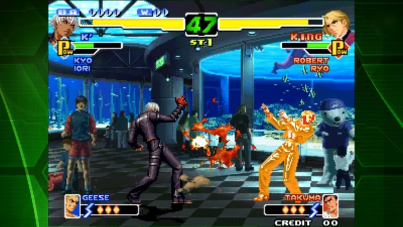 Screenshot gameplay yang menampilkan pertarungan di KOF 2002 ACA NEOGEO.