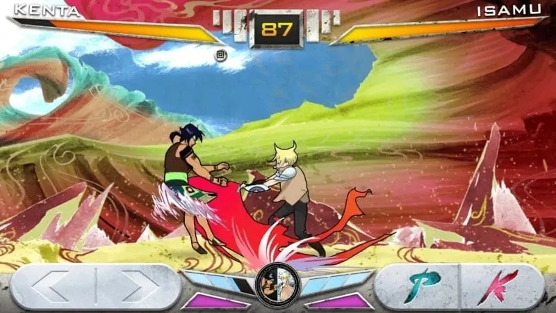 A screenshot of KONSUI FIGHTER showing the character selection screen, featuring two characters: Kenta and Isamu, each with their health bar displayed.
