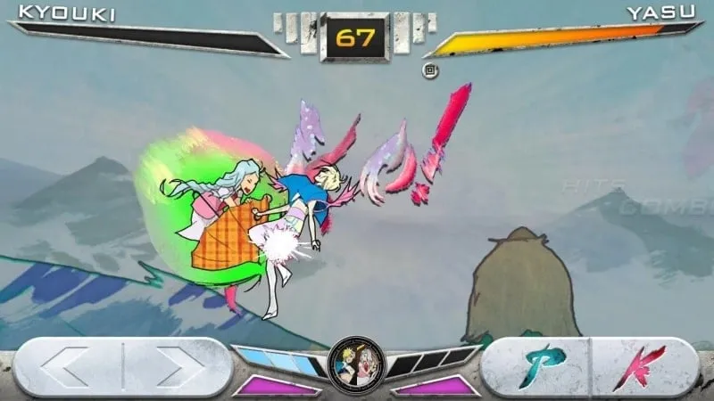 A screenshot of KONSUI FIGHTER showing a fight taking place on the back of a giant bird, with mountains and a river visible in the background.
