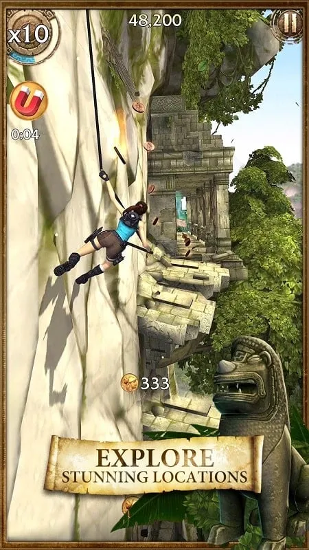 Tangkapan layar toko dalam game yang menampilkan uang tak terbatas di Lara Croft: Relic Run.