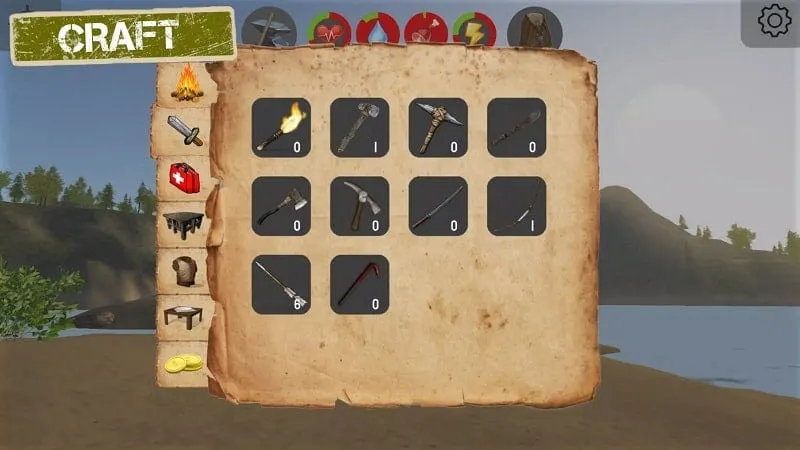 Collecting resources and crafting weapons in Last Island.