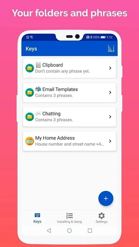 LazyBoard MOD APK: Interface do aplicativo mostrando a organização de frases personalizadas