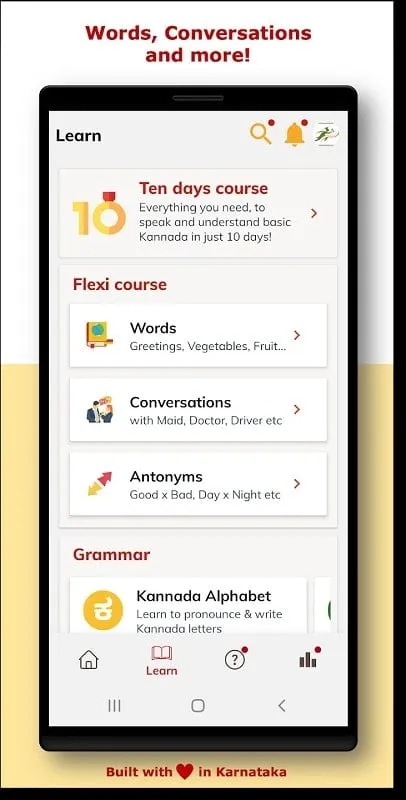 Learn Kannada SmartApp mod's learning path interface