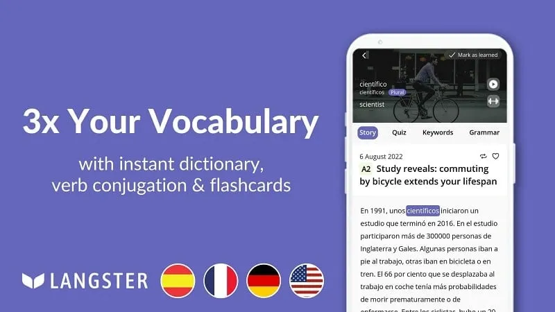 Interface do mod Learn Languages with Langster mostrando recursos premium