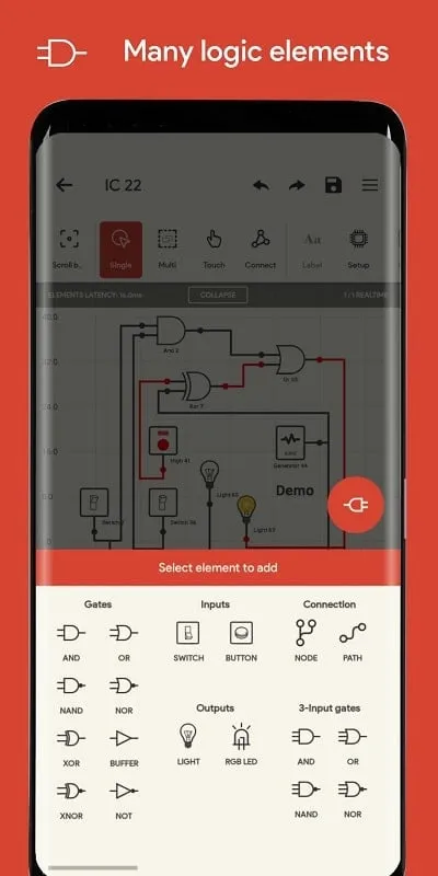 Logic Circuit Simulator Pro running a simulation.
