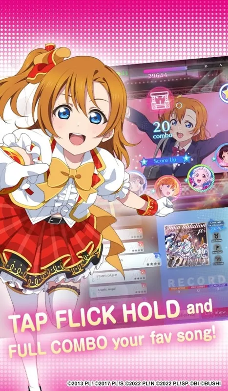 Menú MOD de Love Live en un dispositivo móvil.