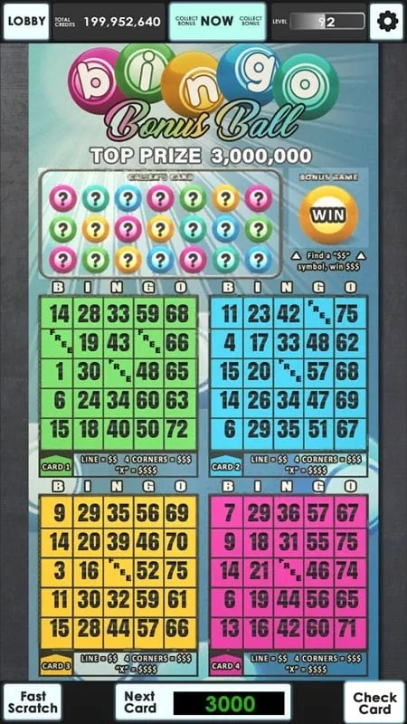 A screenshot of the Lucky Lottery Scratchers game showcasing the in-game currency and ticket options.