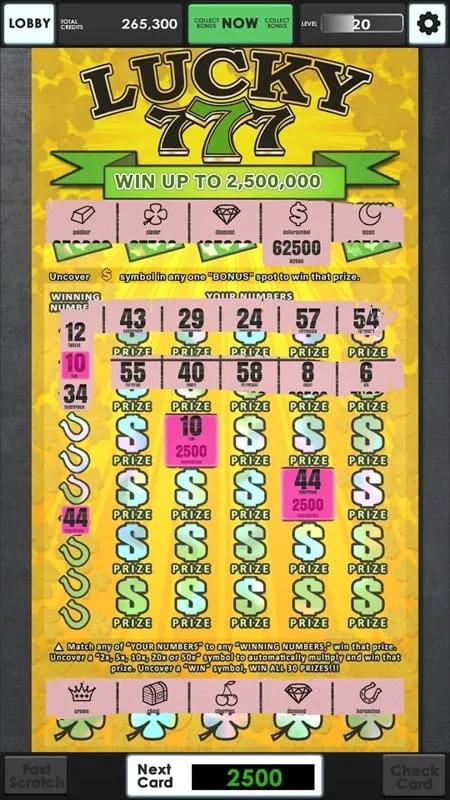 A player scratching a lottery ticket in the Lucky Lottery Scratchers mobile game.