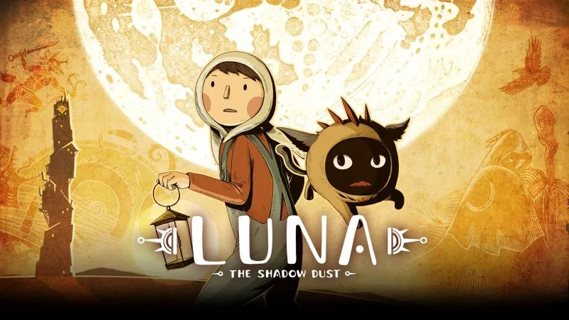 LUNA The Shadow Dust gameplay screenshot featuring the boy and his companion exploring a darkened room.