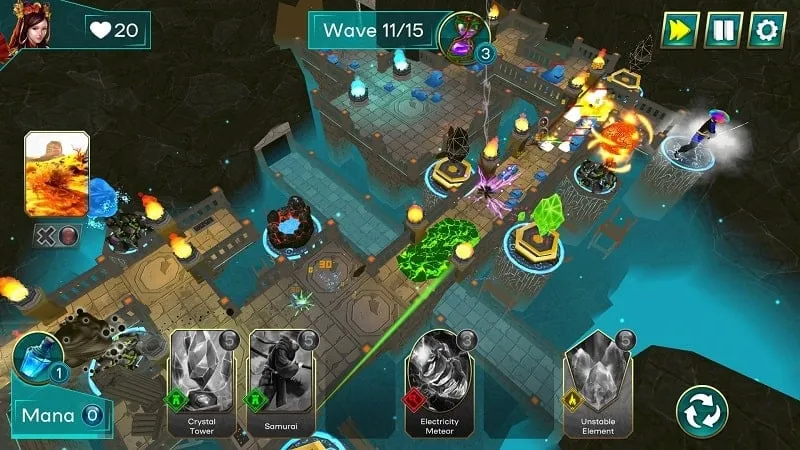 Gameplay screenshot showcasing heroes and towers in Magic of Destiny.