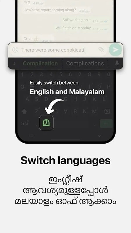 Interface do Mod Malayalam Keyboard mostrando recursos premium