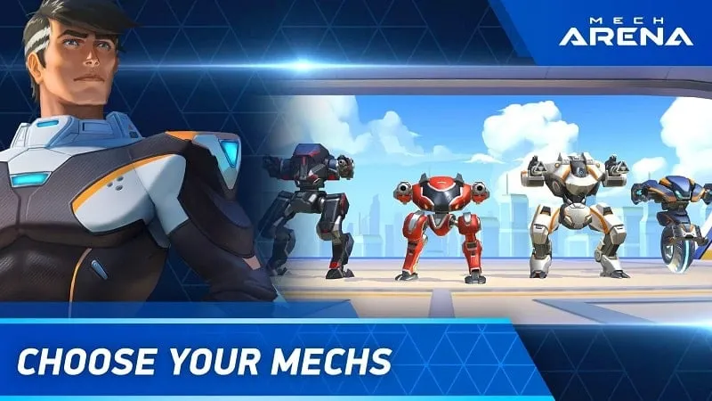 Robot menembakkan senjata di arena dalam screenshot gameplay Mech Arena.