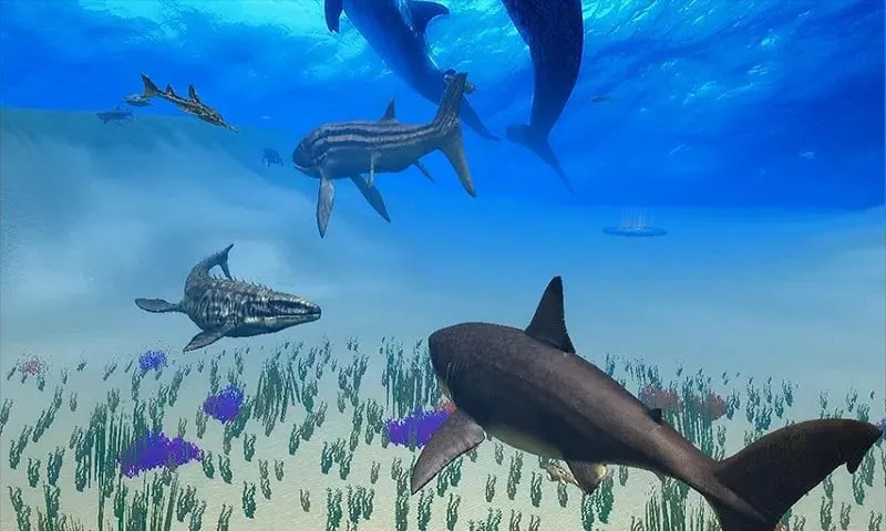 Cena de jogo subaquática no Megalodon Simulator.