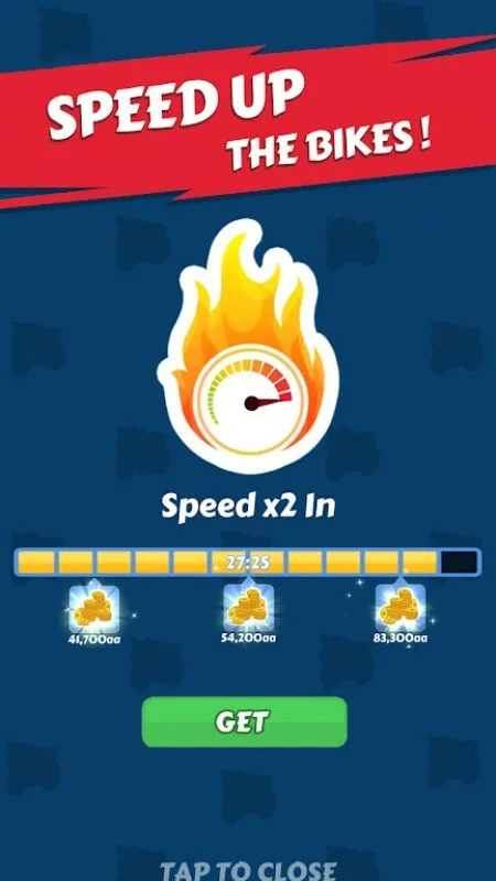 Screenshot of the speed boost feature activated in Merge Bike game Idle Tycoon, indicated by a gray racing stripe and a speeding car.