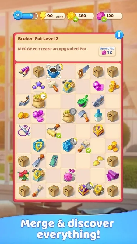 In-game screenshot showcasing the unlimited money feature in Merge Decor MOD APK.