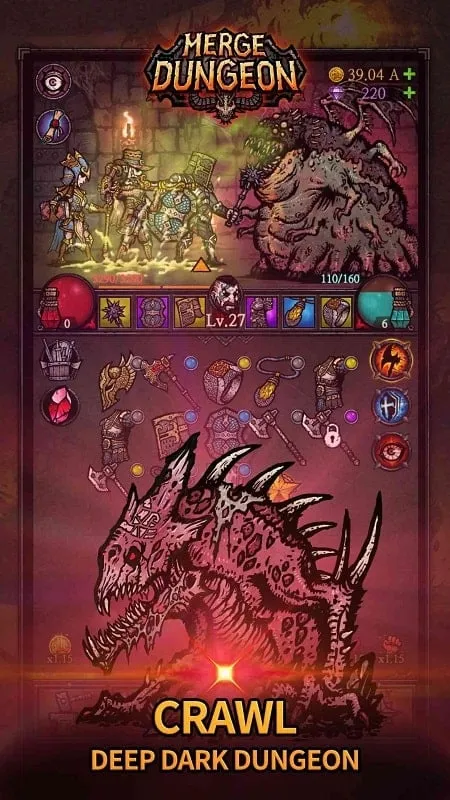 Utilizando recursos ilimitados para mejorar armas en Merge Dungeon.