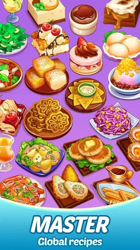 Screenshot gameplay yang menampilkan fitur energi tak terbatas di Merge Food MOD APK.